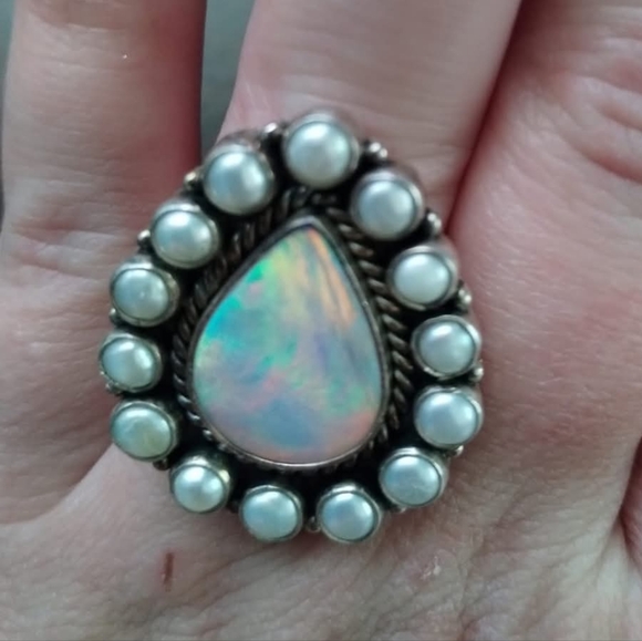 Real Sunset Opal and Pearl Sterling Silver Ring - Picture 2 of 3